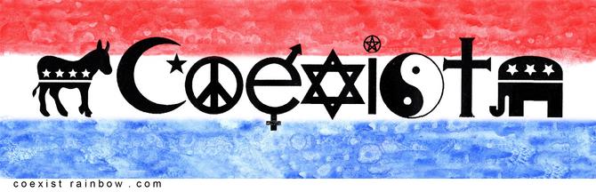 Coexist with Democrat & Republican logos - Red, White & Blue background.